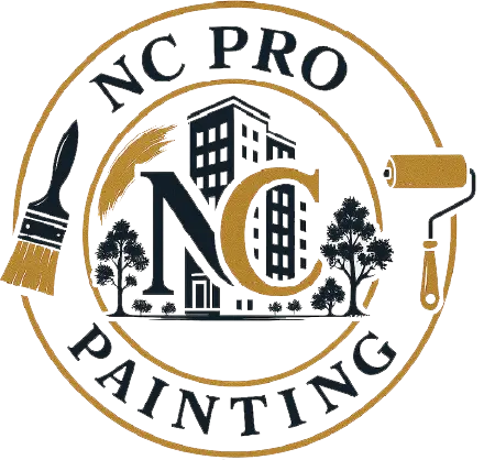 Circular logo for "NC Pro Painting" featuring a building, trees, a paintbrush, a paint roller, and gold accents around black text and graphics.