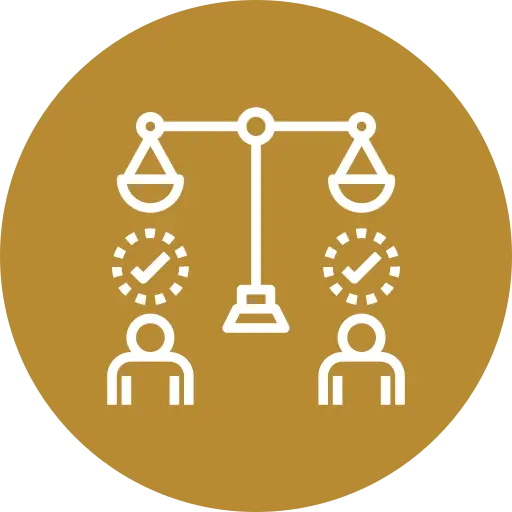 justice - NC Pro Painting SF Icon showing a balanced scale above two people with check marks and clocks, symbolizing fairness and equality.