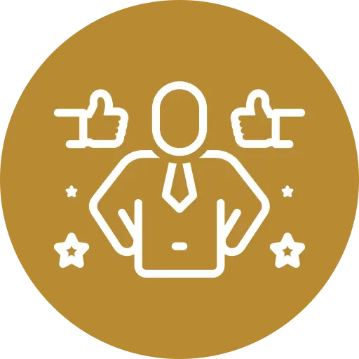 person - NC Pro Painting SF Icon of a confident person wearing a tie, surrounded by two thumbs up and three stars, on a gold circular background.