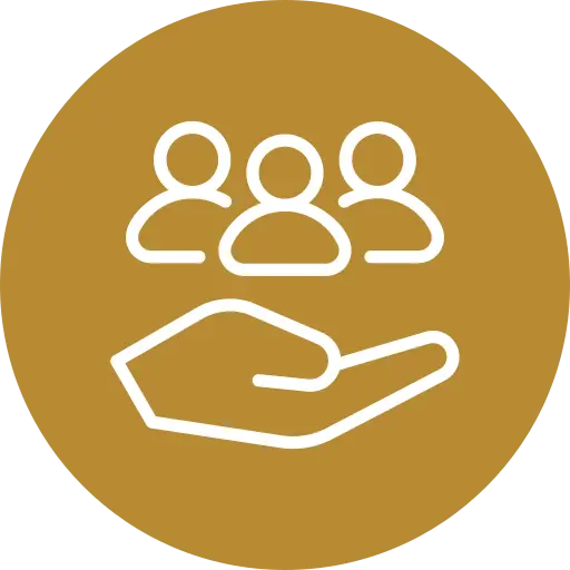 social-responsibility - NC Pro Painting SF A white outline of a hand supporting three people on a gold circular background.